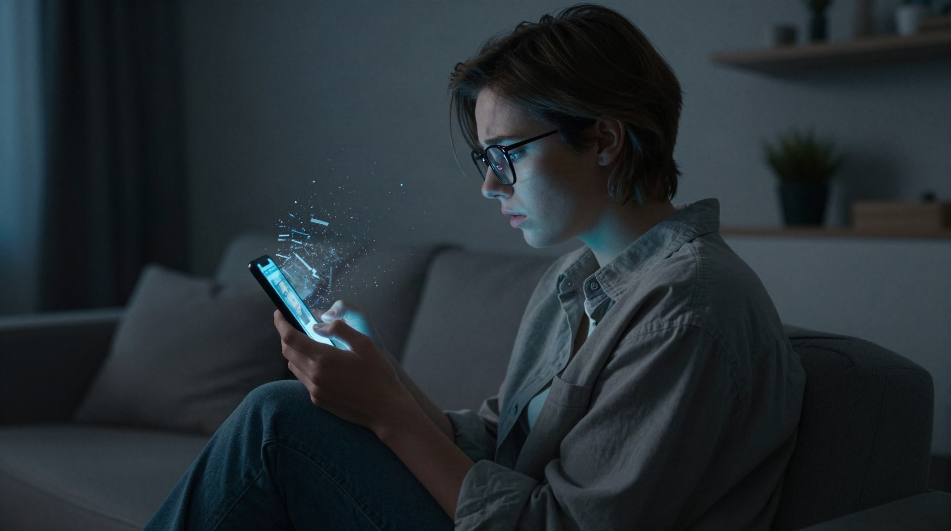 Взрослый человек смотрит на смартфон, на экране которого видно искаженное, пикселизированное отражение его лица, символизирующее дипфейк.